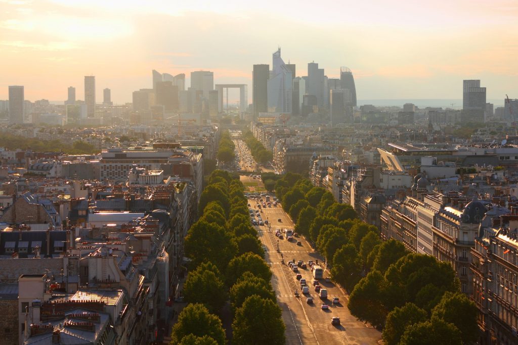 Skyline of La Defense sunset - modern skyscraper district in Paris, France.